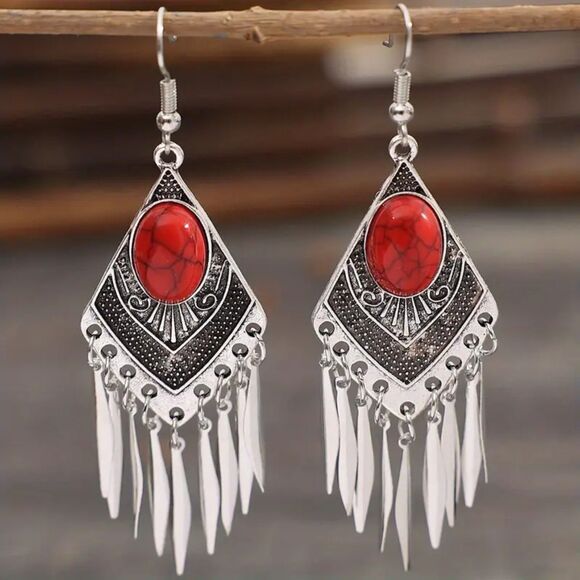 Bohemian Vintage Synthetic Red Turquoise Dangle Earrings –Silver-Plated Elegance - Picture 1 of 1